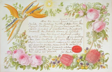 Ein Kranz aus gemischten Blumen mit einer Inschrift von Joseph Banks, 1814